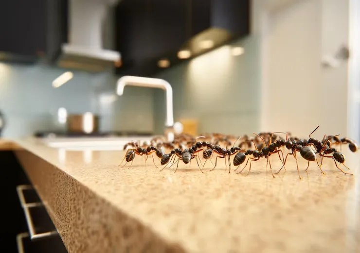 Licensed pest control technician treating ant infestation around Yuma AZ home foundation